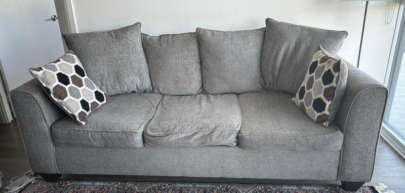Grey Fabric Sofa with Throw Pillows