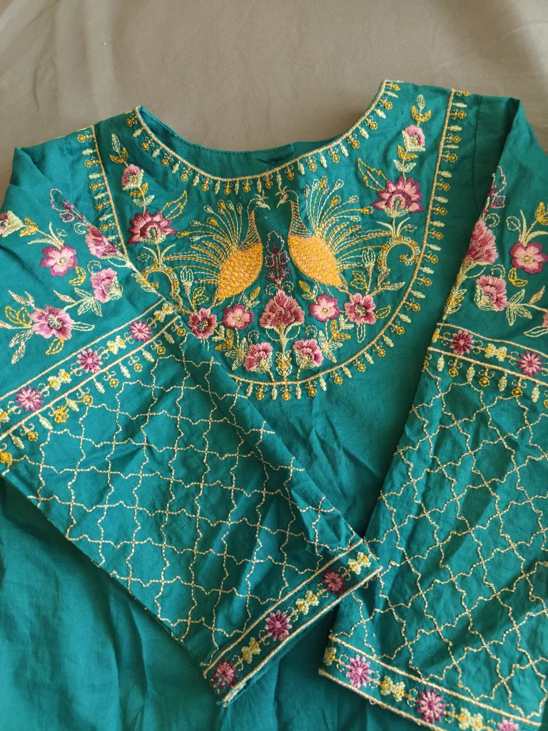 Girls' teal embroidered shalwar kameez set image indicator(2)