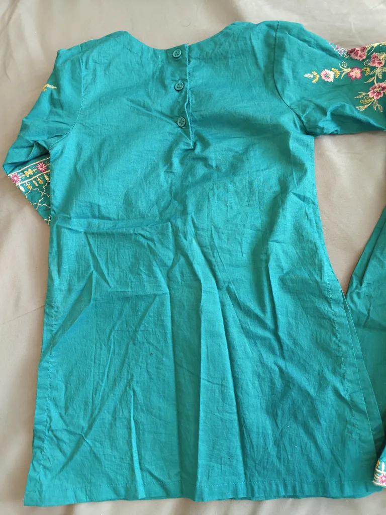Girls' teal embroidered shalwar kameez set image indicator(3)