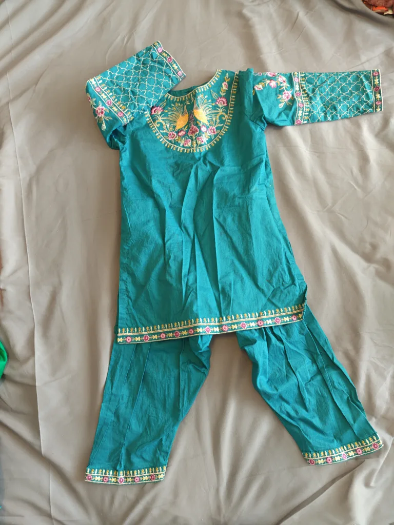 Girls' teal embroidered shalwar kameez set image indicator(4)