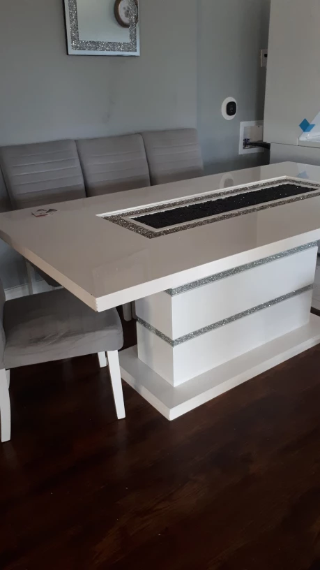 White High-Gloss Dining Table with Crystal Accents