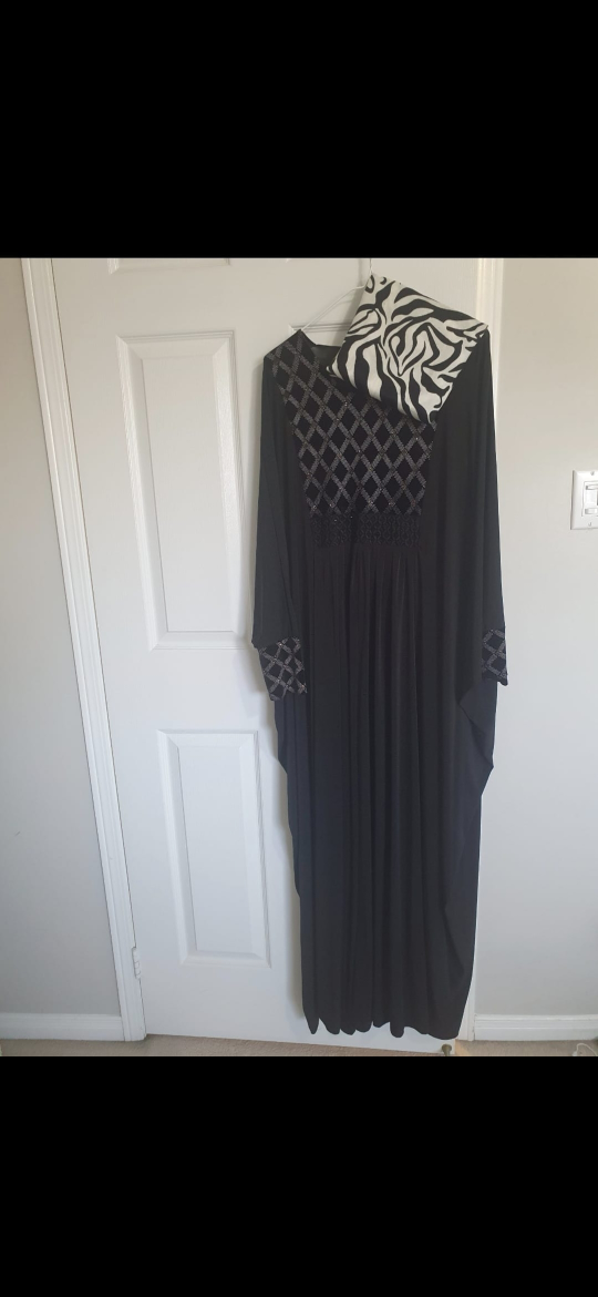 Black Abaya with Embellishments and Zebra Print Scarf