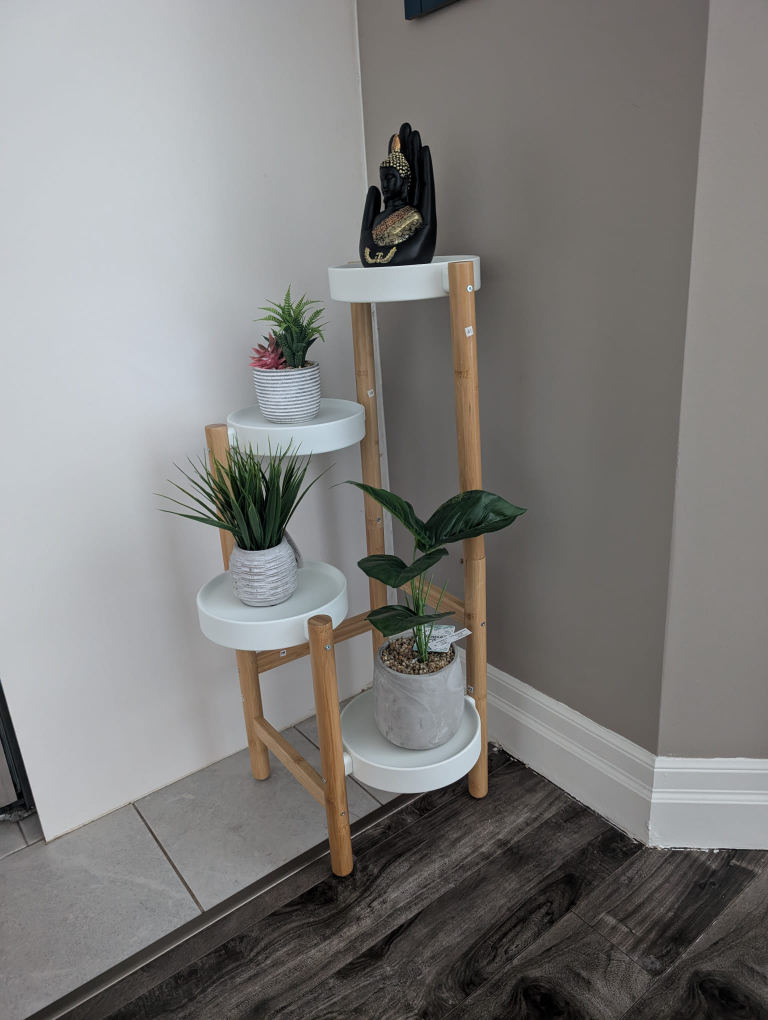 4-Tier Bamboo Plant Stand with White Shelves