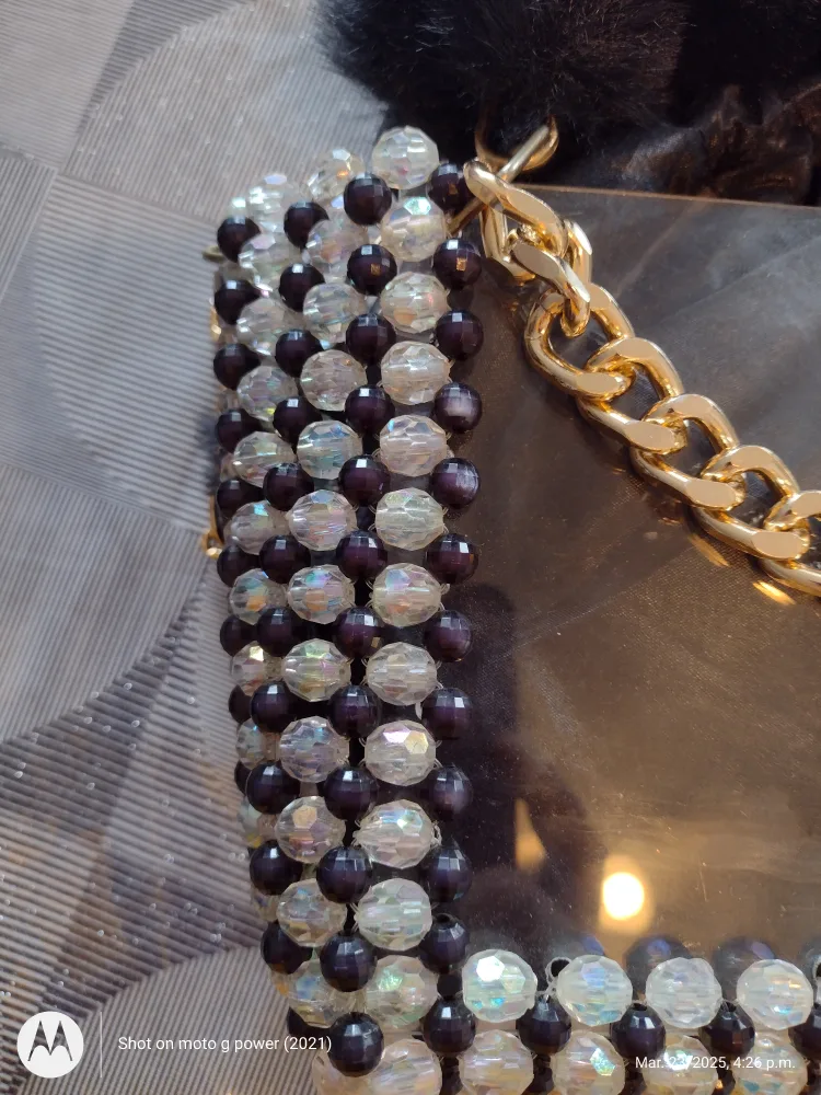 Unique Beaded Crossbody Bag with Fur Pom Pom image indicator(4)