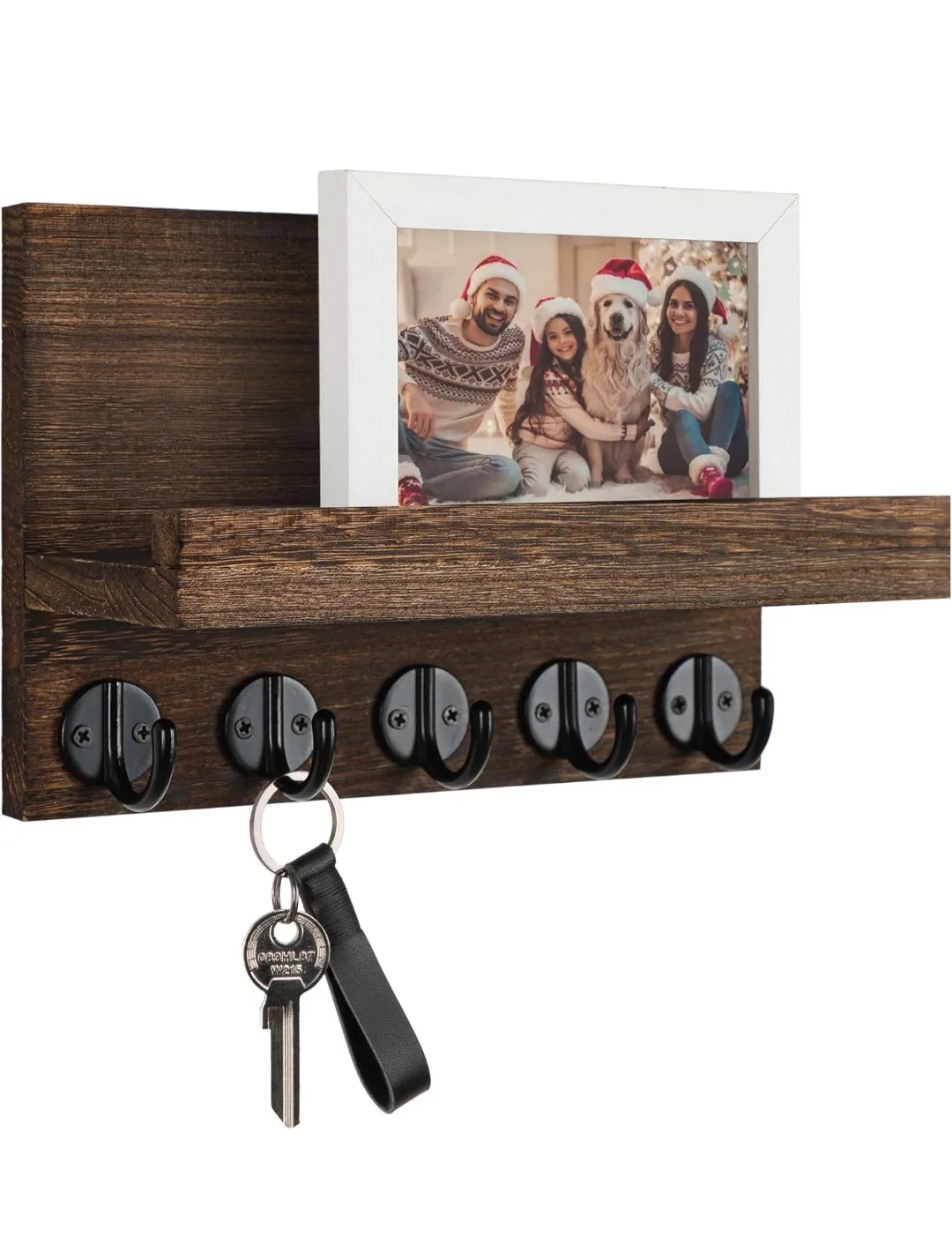 Rustic Wooden Wall-Mounted Key Holder with Shelf image indicator(3)