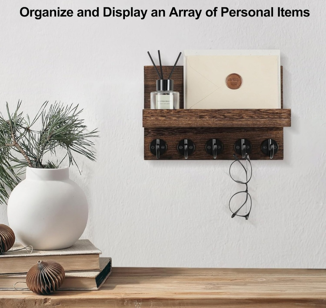 Rustic Wooden Wall-Mounted Key Holder with Shelf - photo 4
