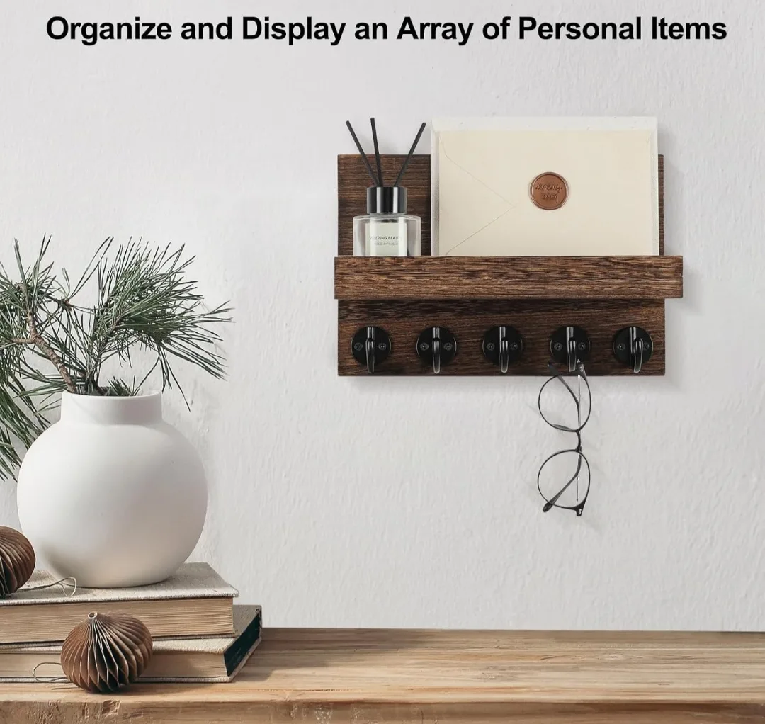 Rustic Wooden Wall-Mounted Key Holder with Shelf image indicator(4)