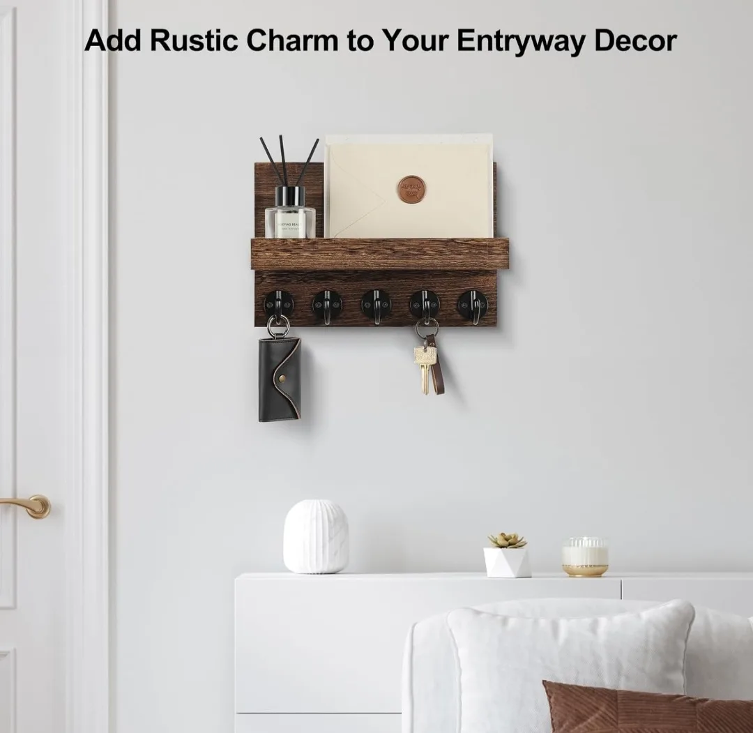 Rustic Wooden Wall-Mounted Key Holder with Shelf image indicator(5)