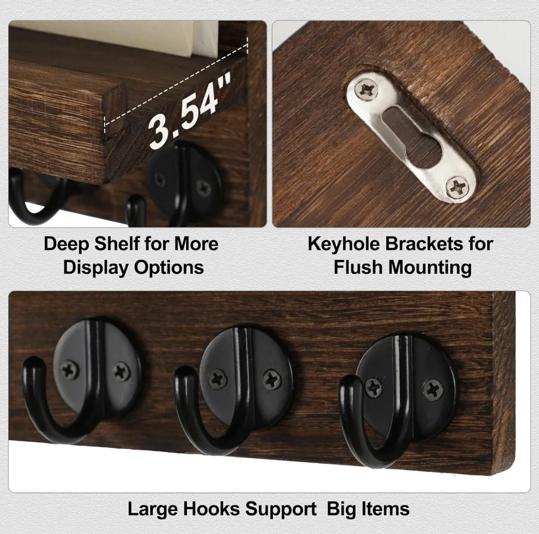 Rustic Wooden Wall-Mounted Key Holder with Shelf image indicator(6)