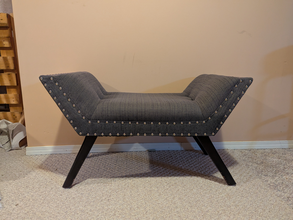 Dark Grey Upholstered Bench with Nailhead Trim