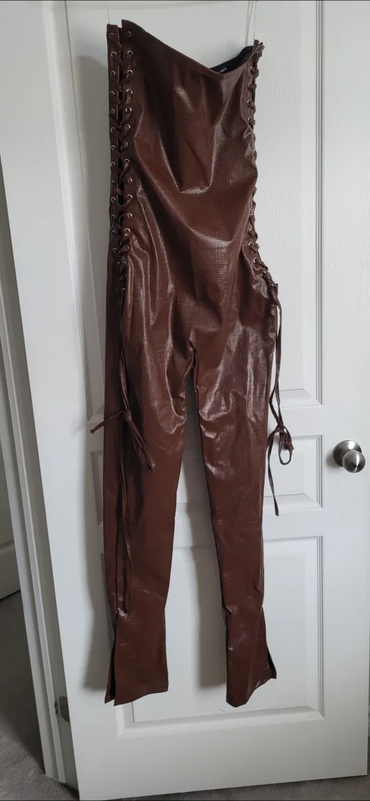 Fashion Nova Brown Leather Jumpsuit Size L image indicator(2)