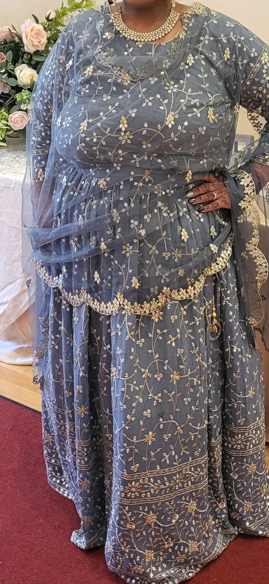 Gorgeous embroidered grey and gold lengha choli thumbnail