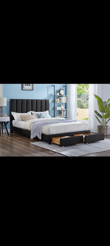 Queen Upholstered Bed Frame with Two Drawers