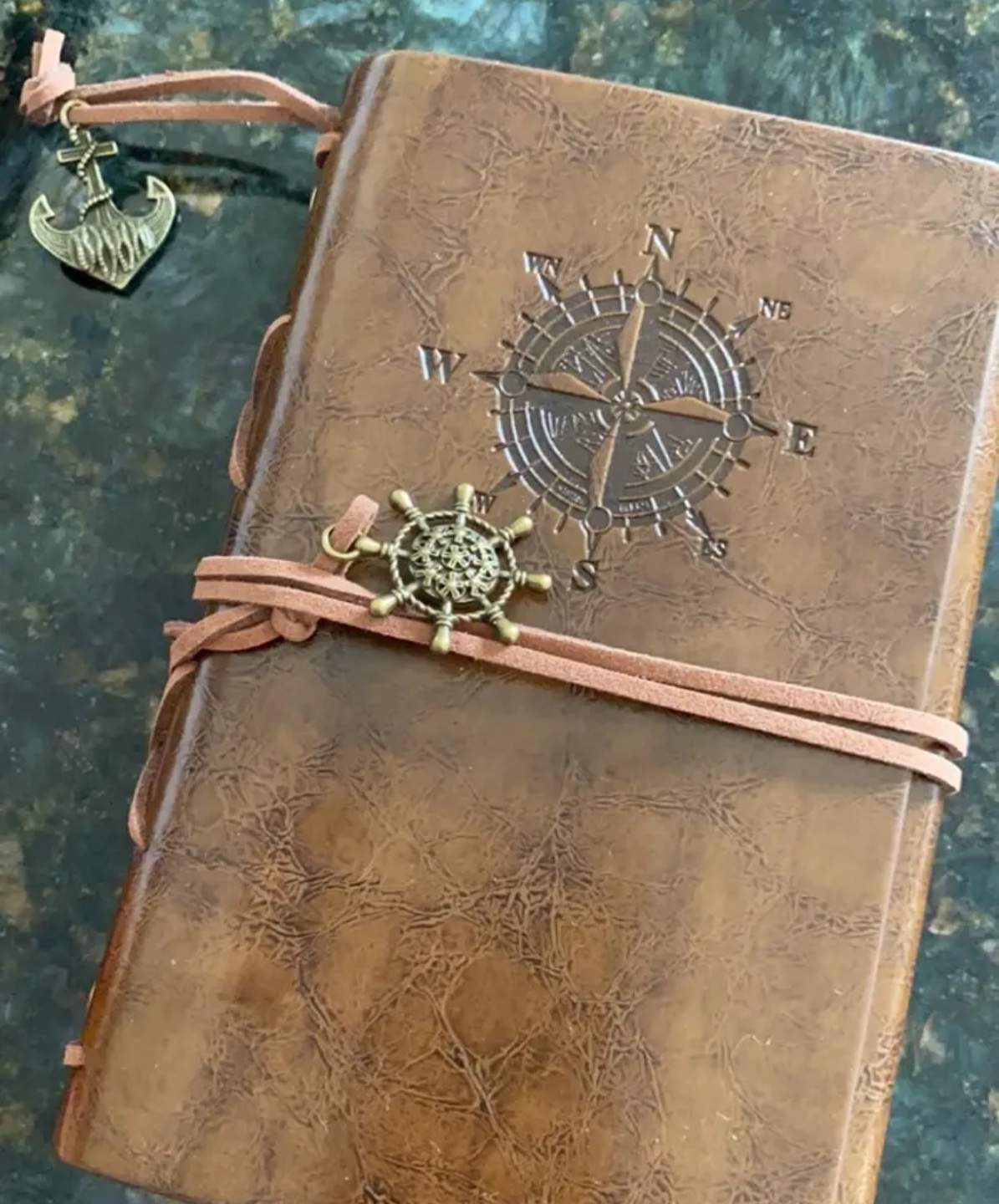 Vintage Leather Journal with Compass Design and Charms