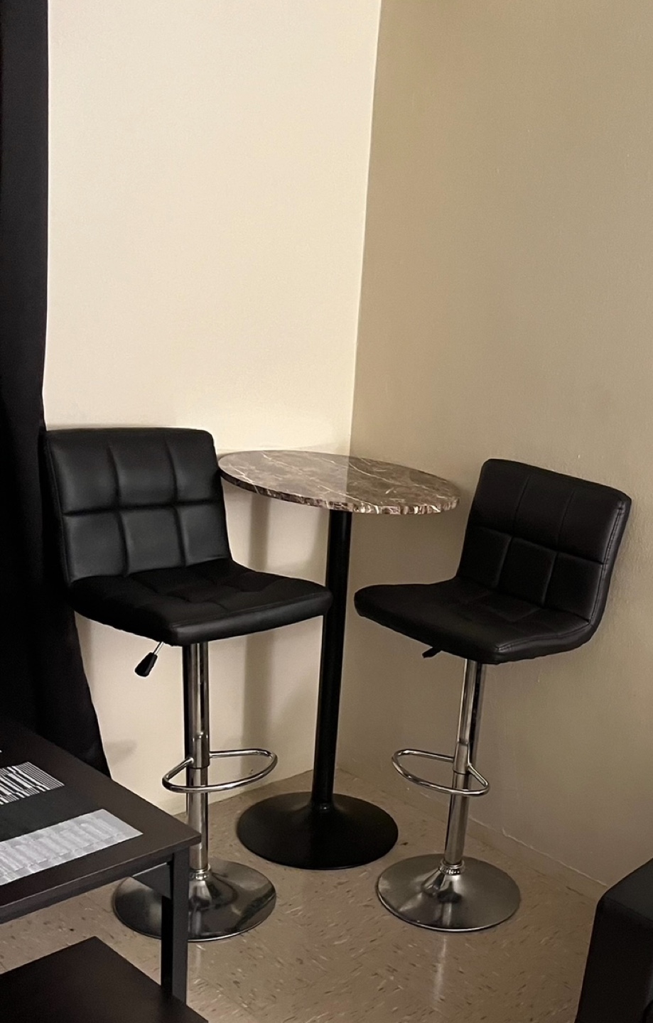 2 Black Bar Stools with Marble-Top Table