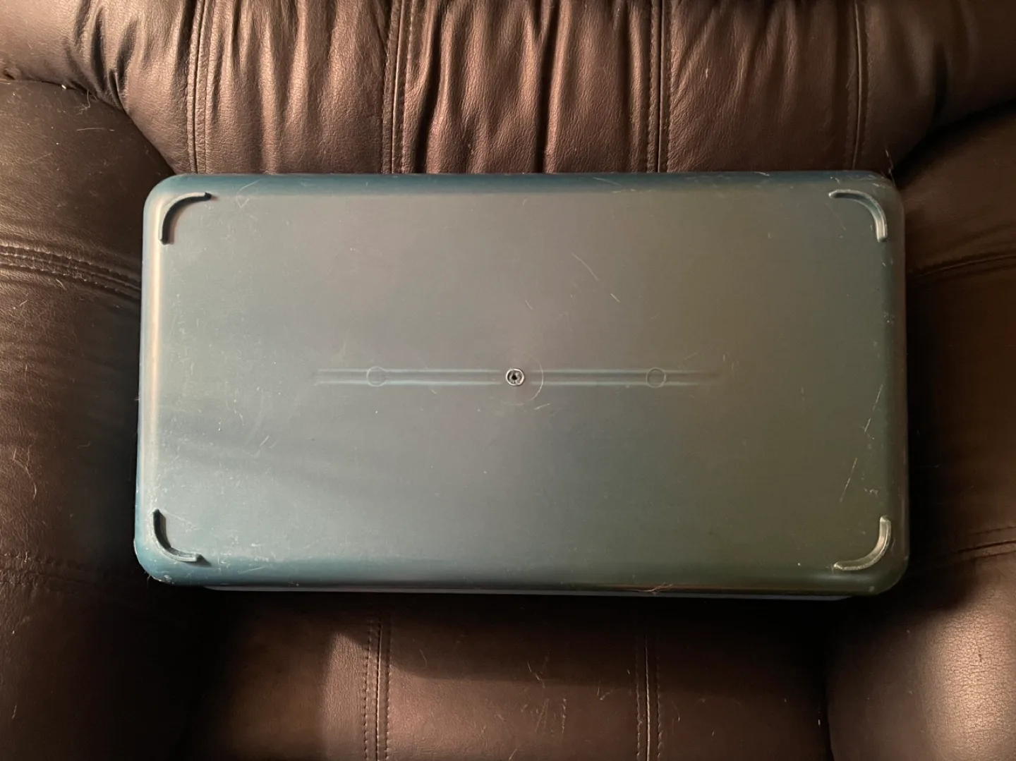 Vintage Blue Plastic Storage Bin with Sliding Tray image indicator(5)
