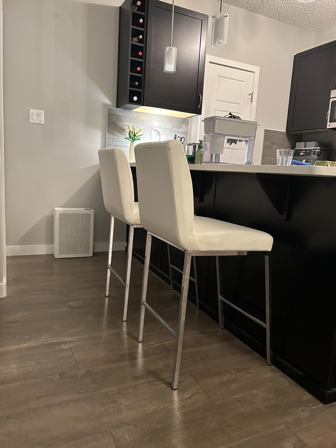 Pair of White Leather Bar Stools with Chrome Legs