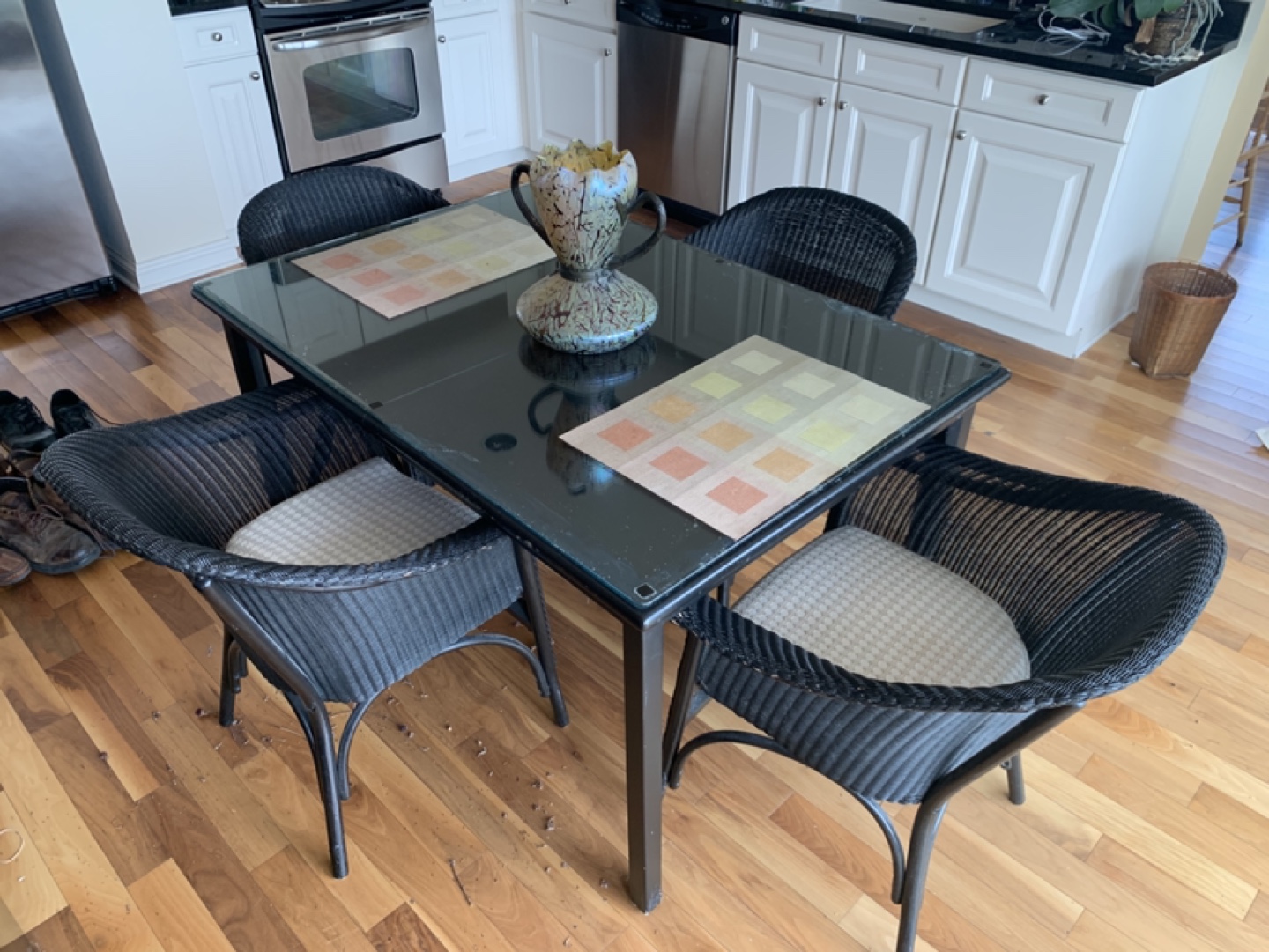Black Wicker Dining Set with Glass Top Table