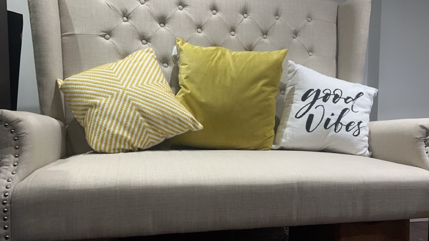 Beige Wingback Sofa with Throw Pillows - photo 5