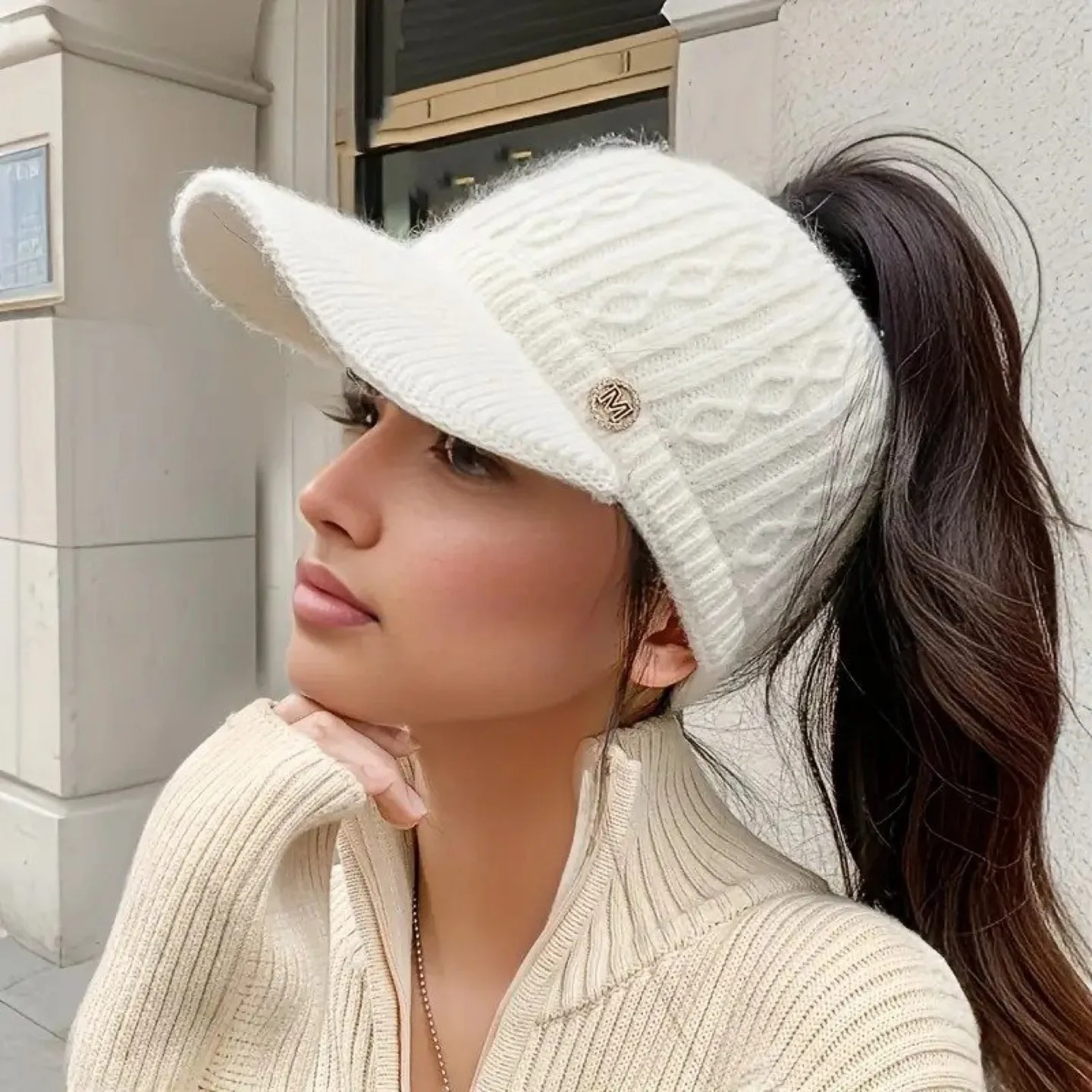Women's Knitted Baseball Cap with Ponytail Opening image indicator(2)