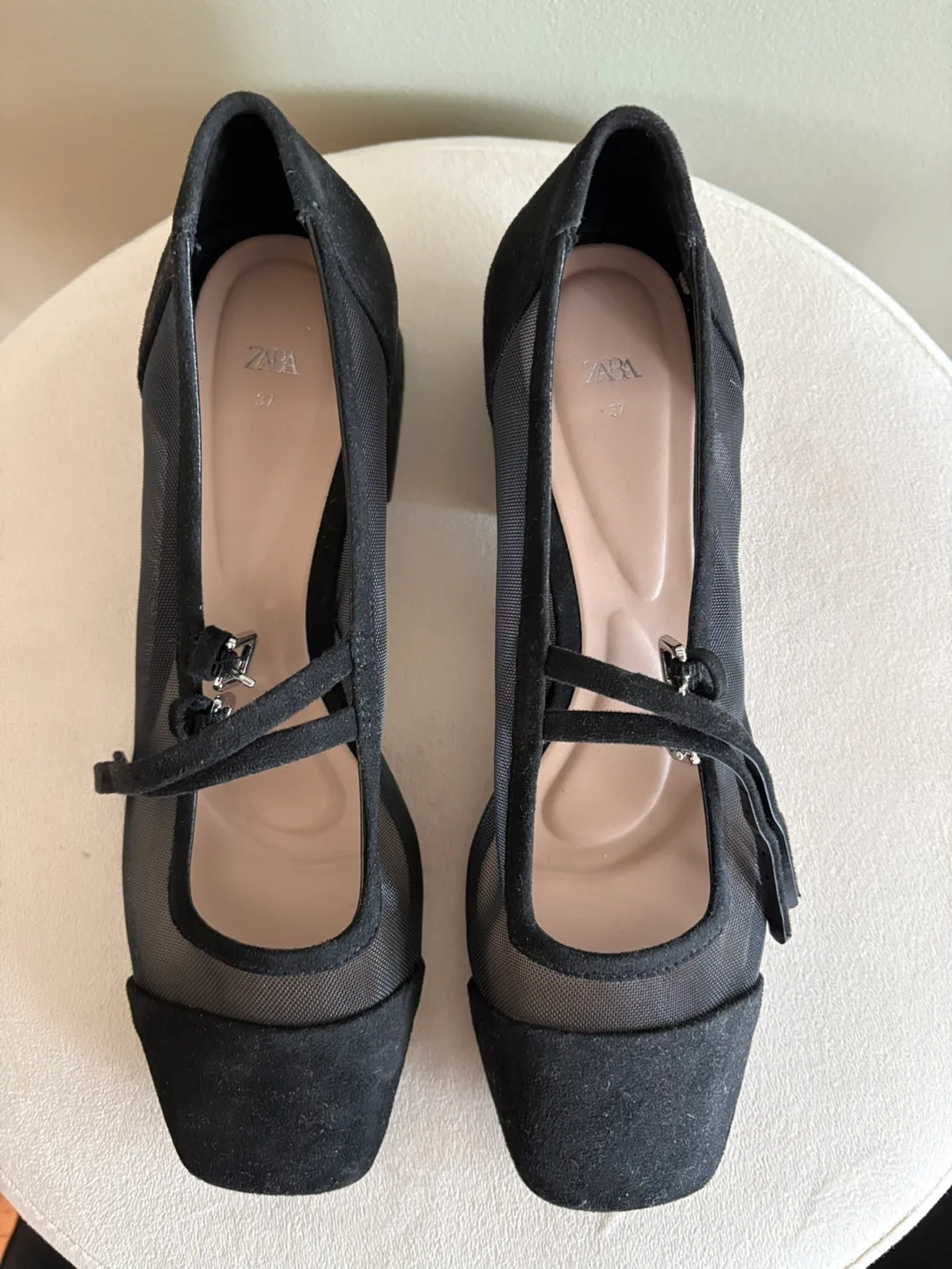 Zara Black Suede and Mesh Block Heel Shoes - Size 37 image indicator(2)