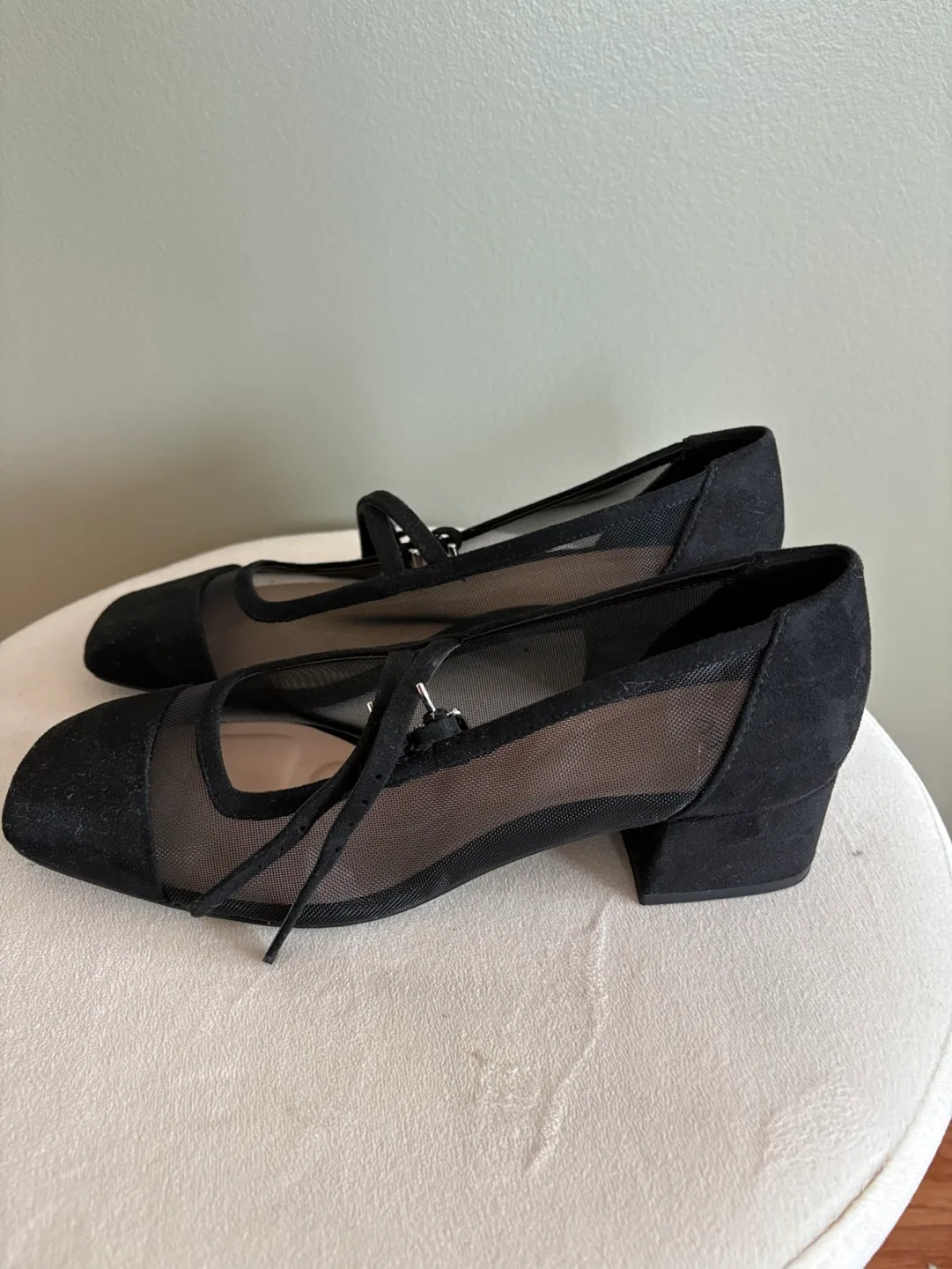 Zara Black Suede and Mesh Block Heel Shoes - Size 37 image indicator(3)