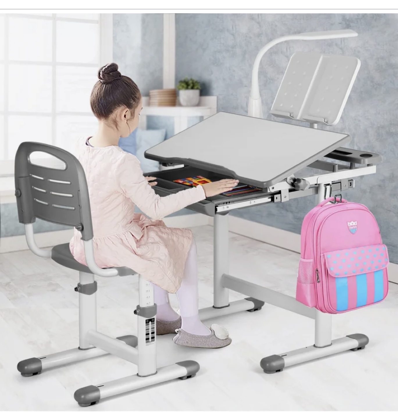 Adjustable Children's Study Desk and Chair Set with LED Lamp - photo 2