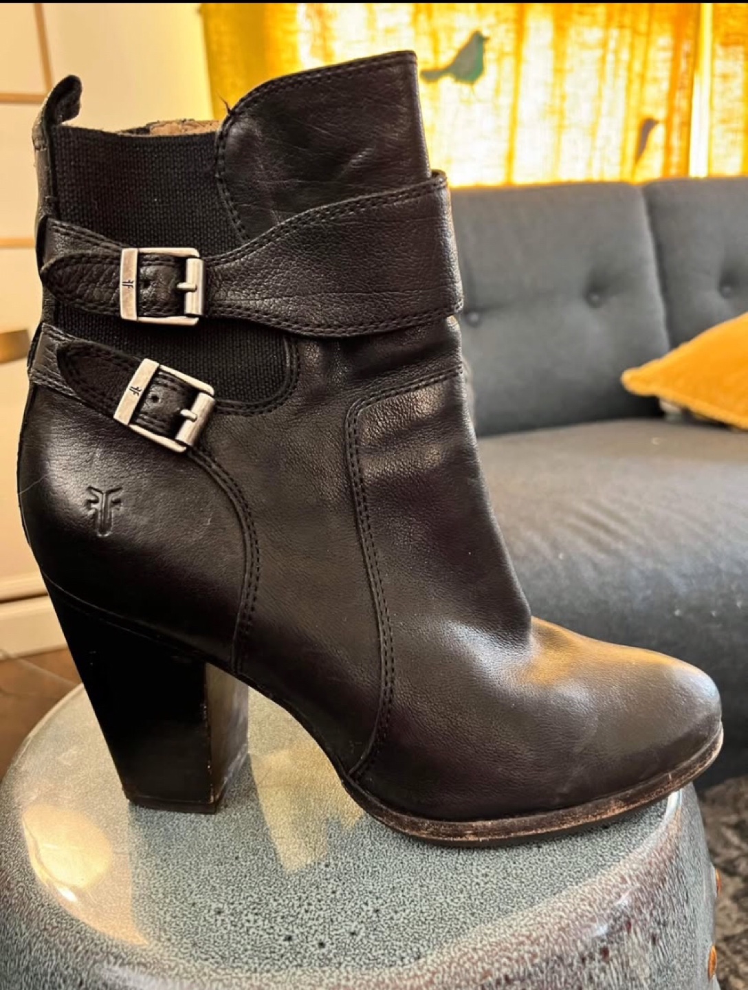 Frye Black Leather Buckle Ankle Boots