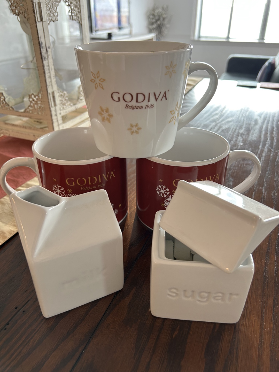 Godiva Coffee Mugs Large With Porcelain Milk-Sugar Holders