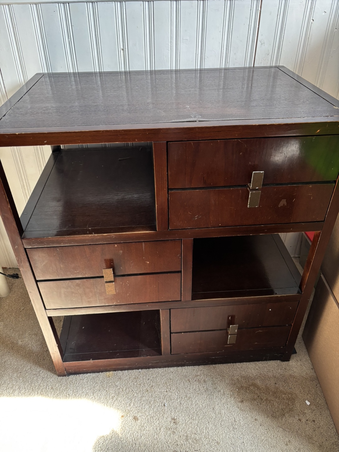 Dark Brown Wooden Storage Cabinet with Drawers and Shelves
