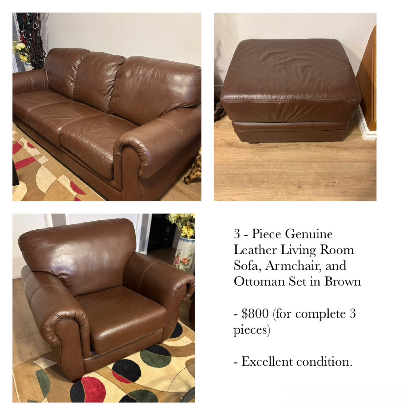 3 - Piece Genuine Leather Living Room Set in Brown