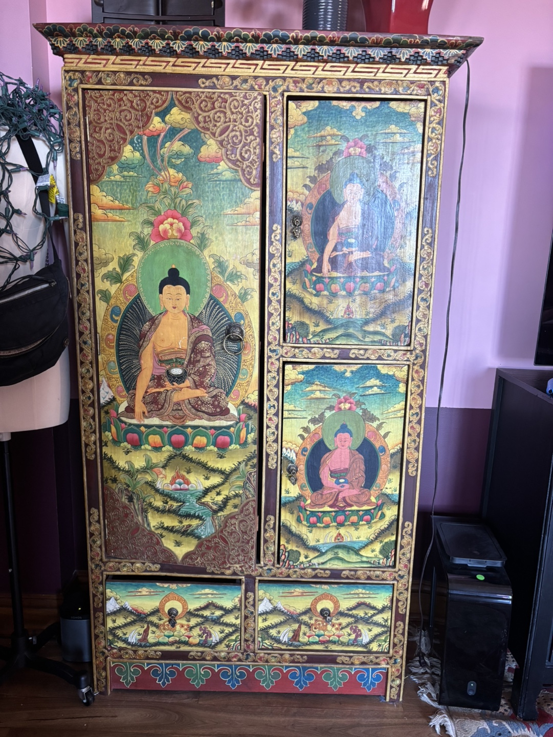 Hand-Painted Asian Armoire with Buddha Motifs - photo 3