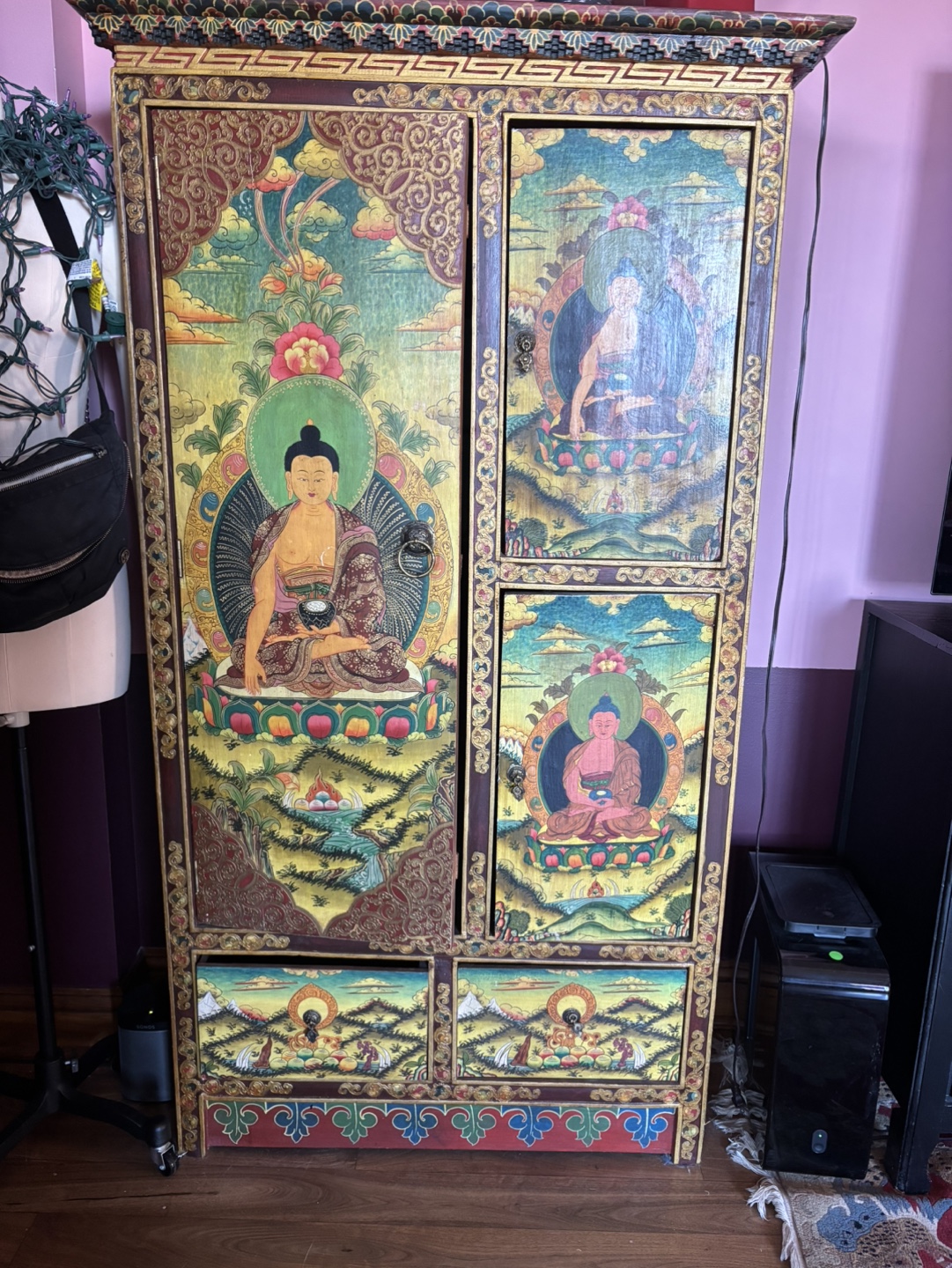 Hand-Painted Asian Armoire with Buddha Motifs
