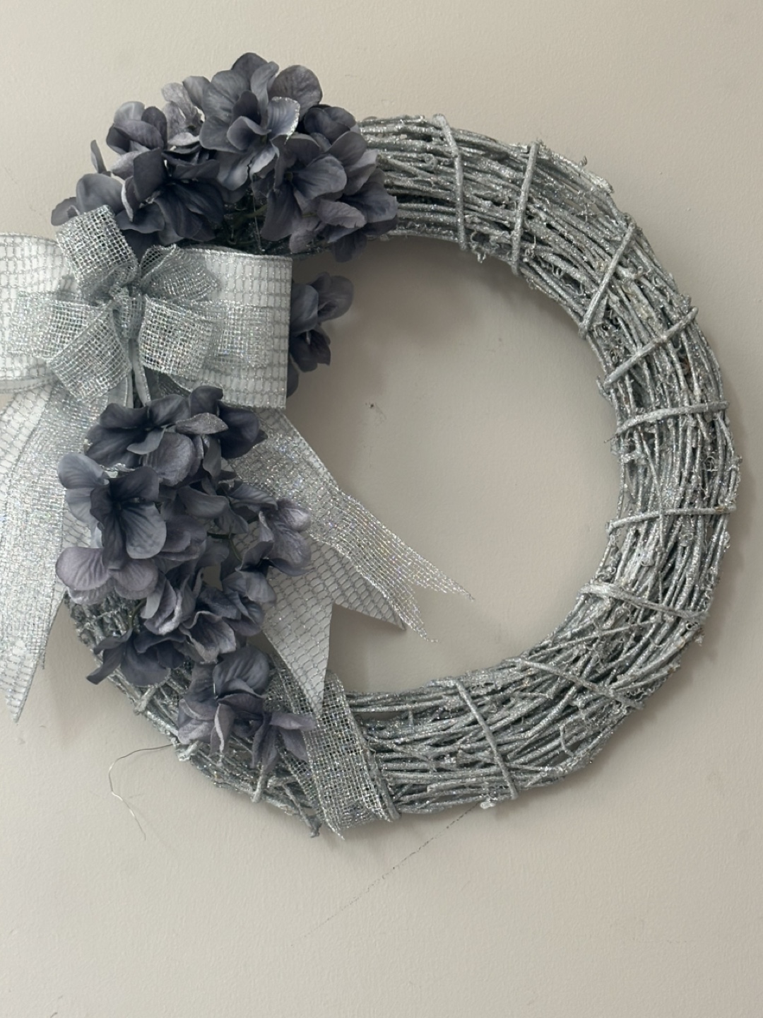 Handmade grapevine silver glitter wreath