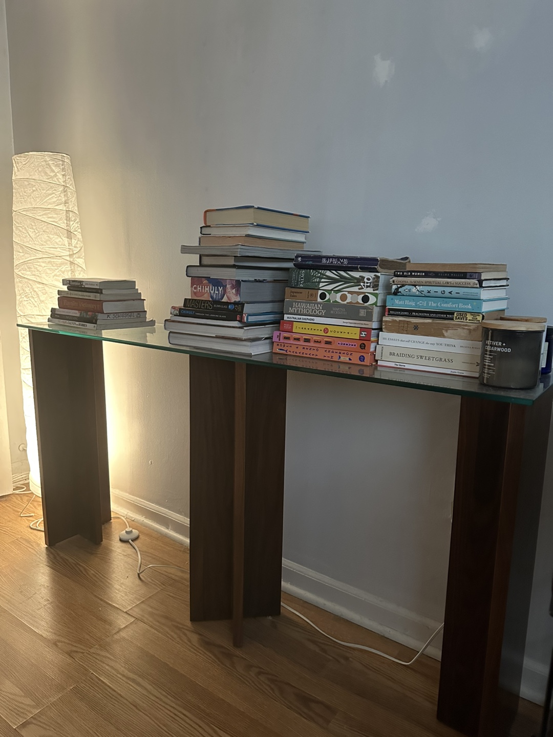 Modern Glass Top Console Table with Walnut Legs