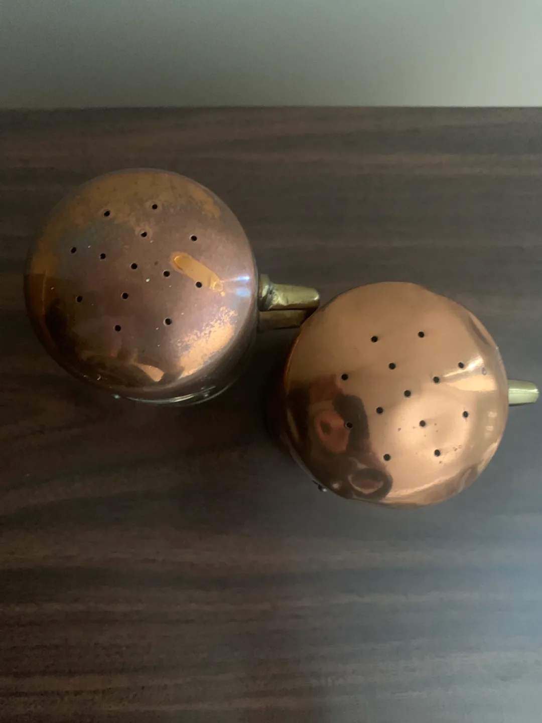 Vintage Copper Salt Shakers with Brass Accents image indicator(2)