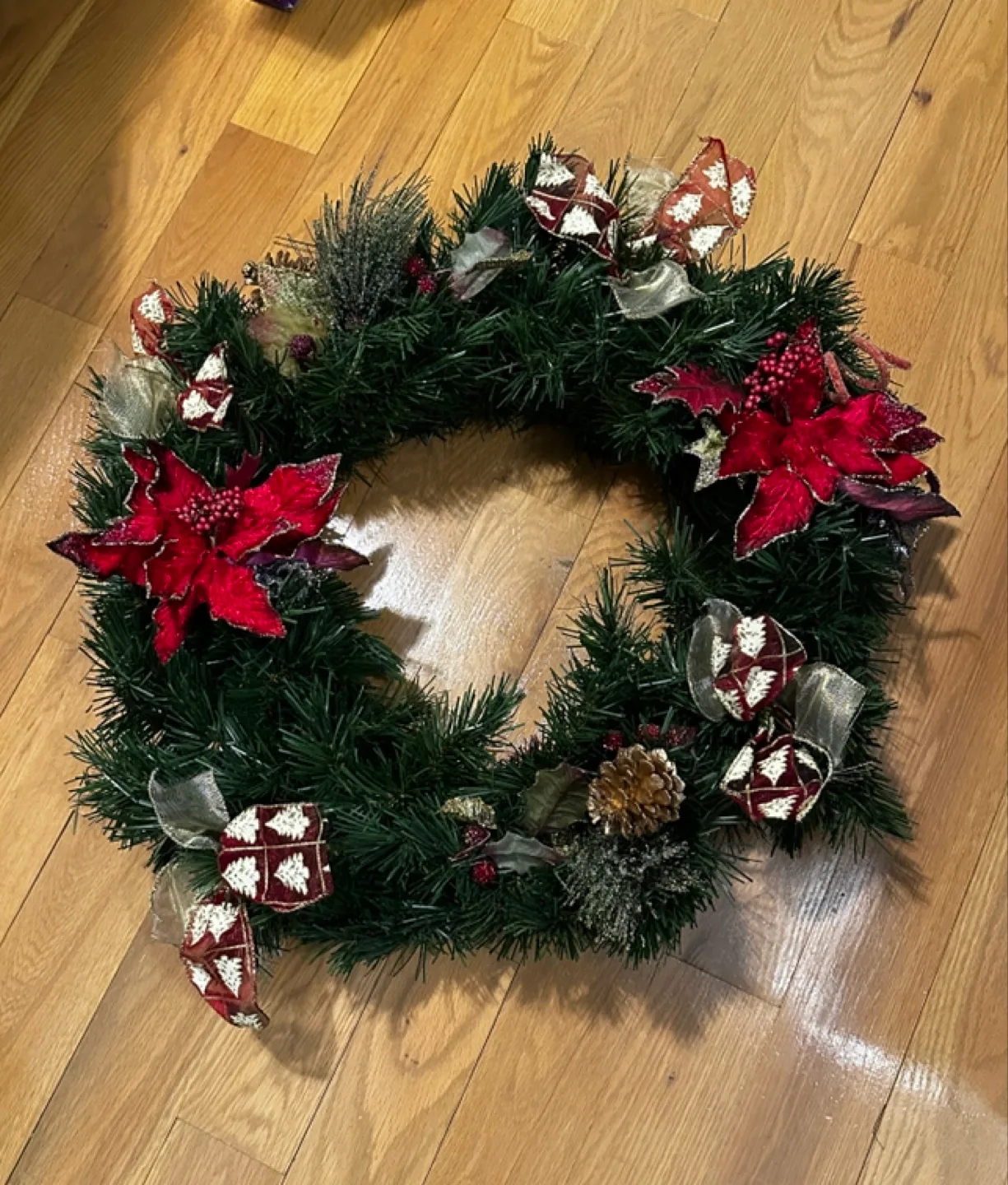 Christmas Wreath with Red Poinsettia and Pine Cones image indicator(2)