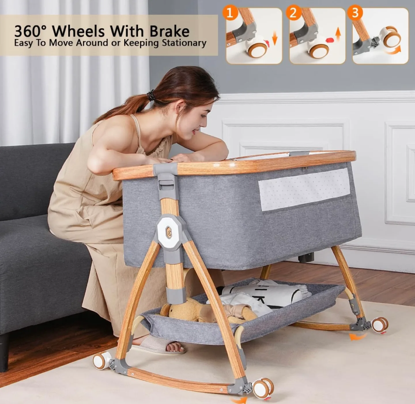 Baby Bassinet with Adjustable Height and Mosquito Net image indicator(7)