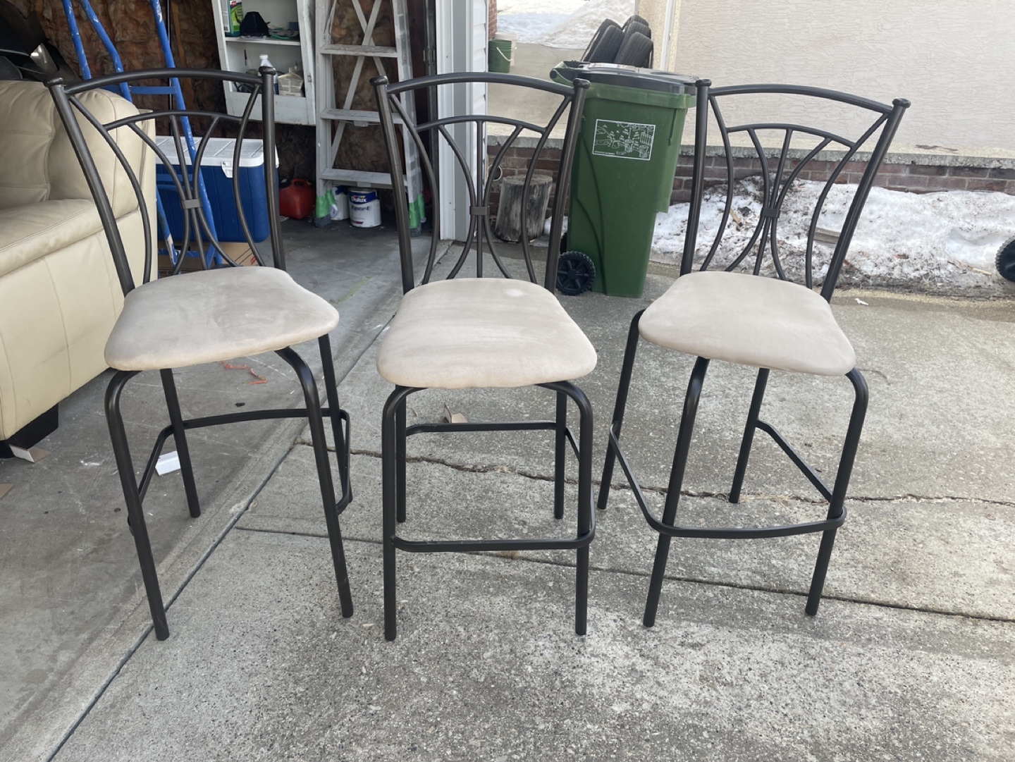 Set of Three Metal Bar Stools with Beige Cushions