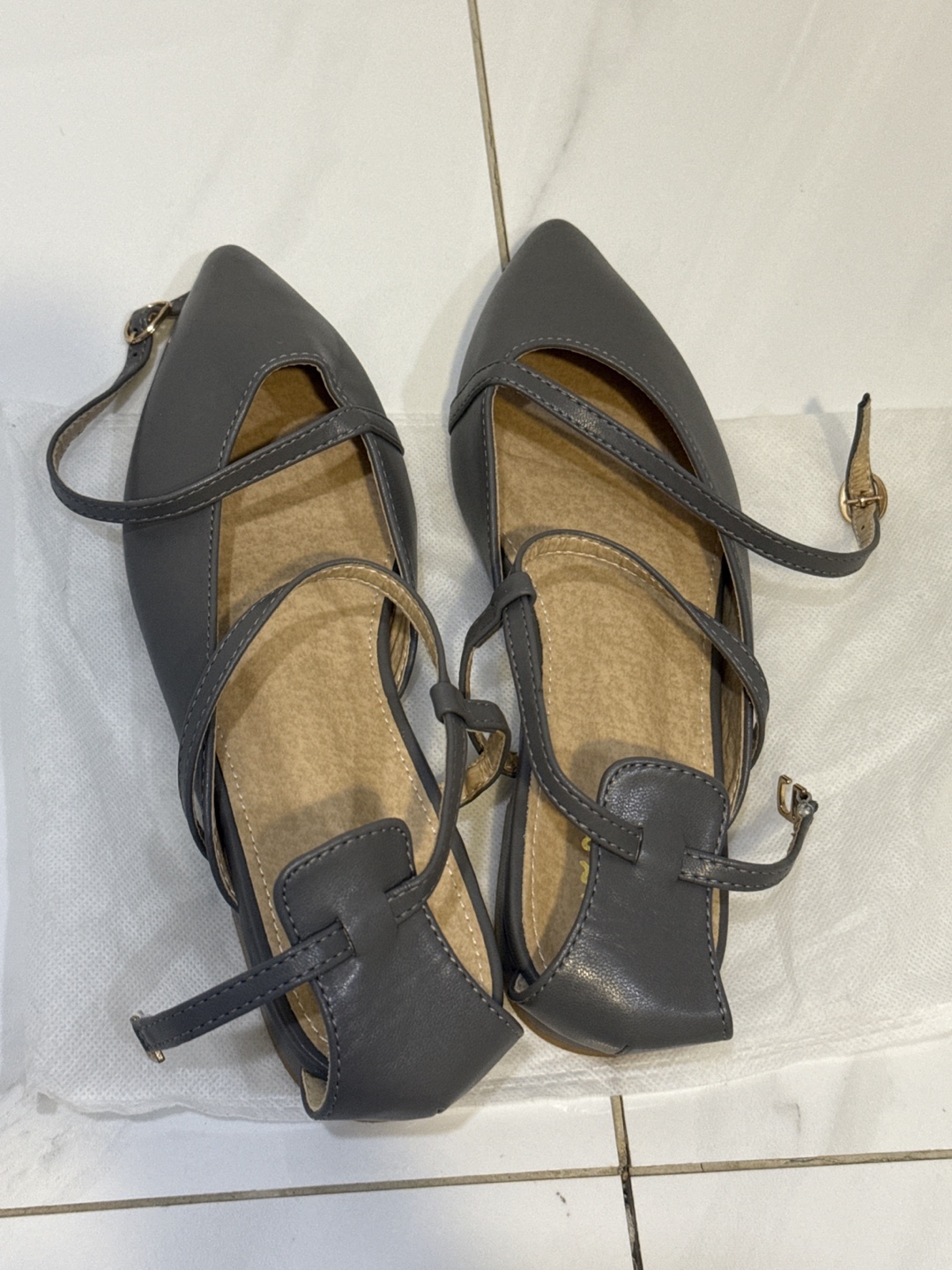 Grey Pointed-Toe Ankle Wrap Flats