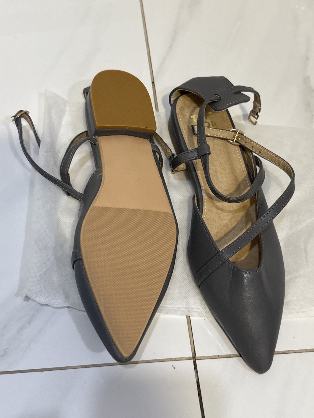 Grey Pointed-Toe Ankle Wrap Flats - photo 3