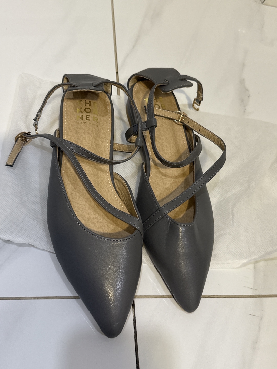 Grey Pointed-Toe Ankle Wrap Flats - photo 2