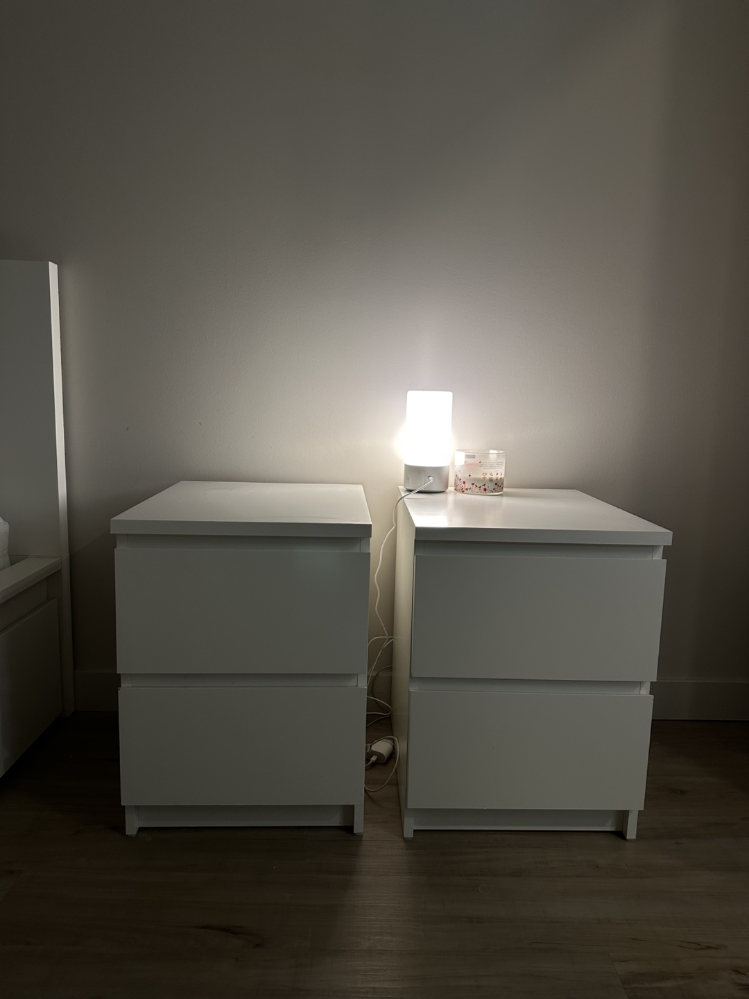 Pair of White IKEA MALM Two-Drawer Bedside Tables
