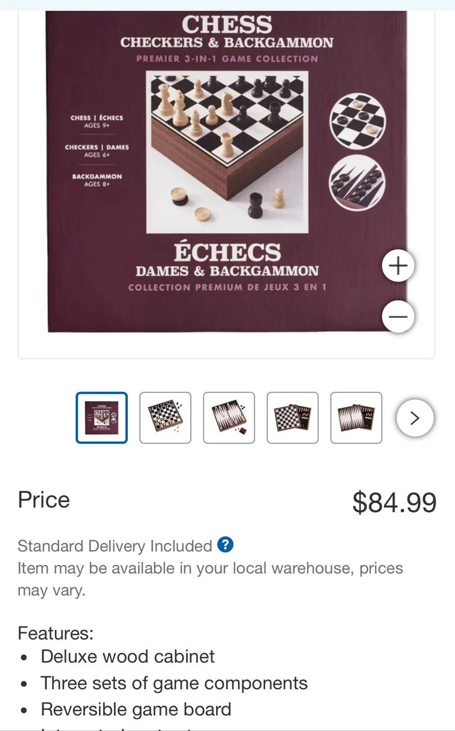 3-in-1 Chess, Checkers, Backgammon Game Set thumbnail