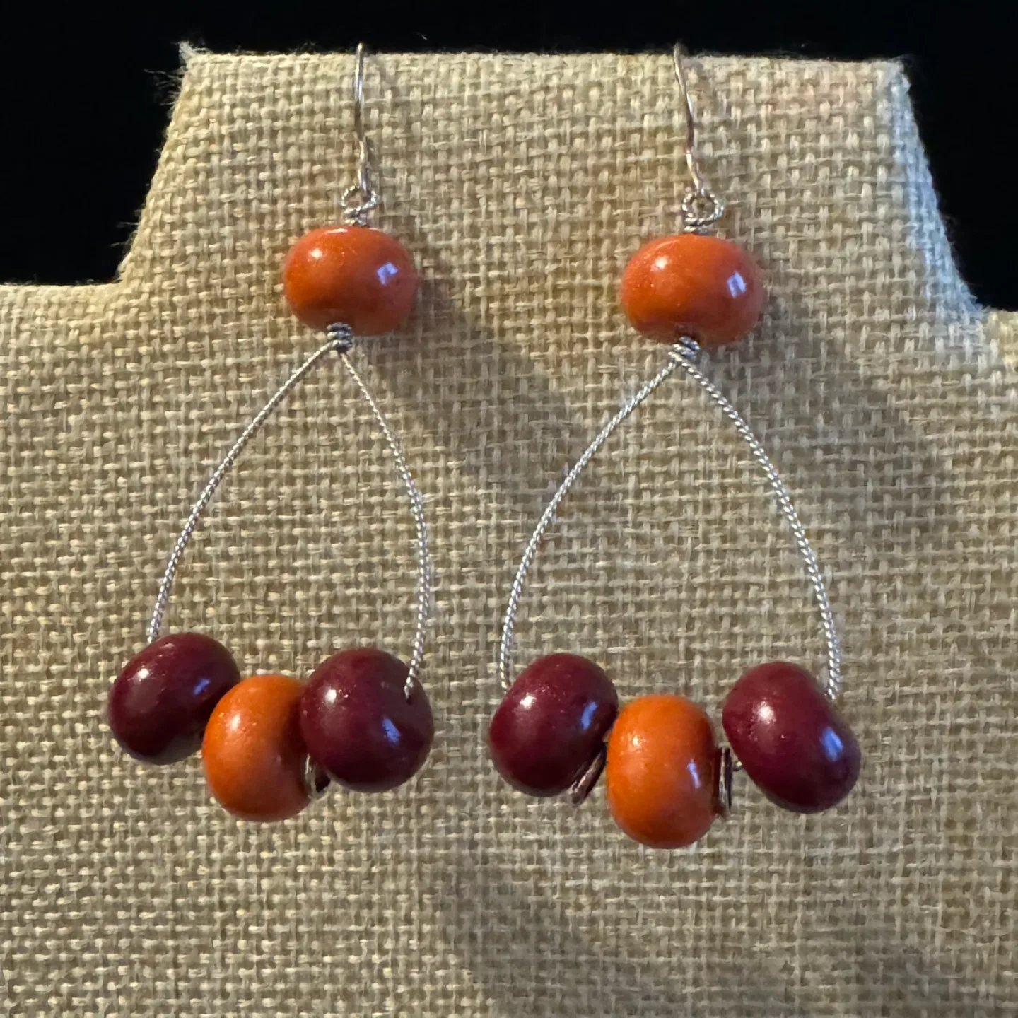 Handmade Orange Maroon Red Beaded Dangle Earrings image indicator(5)