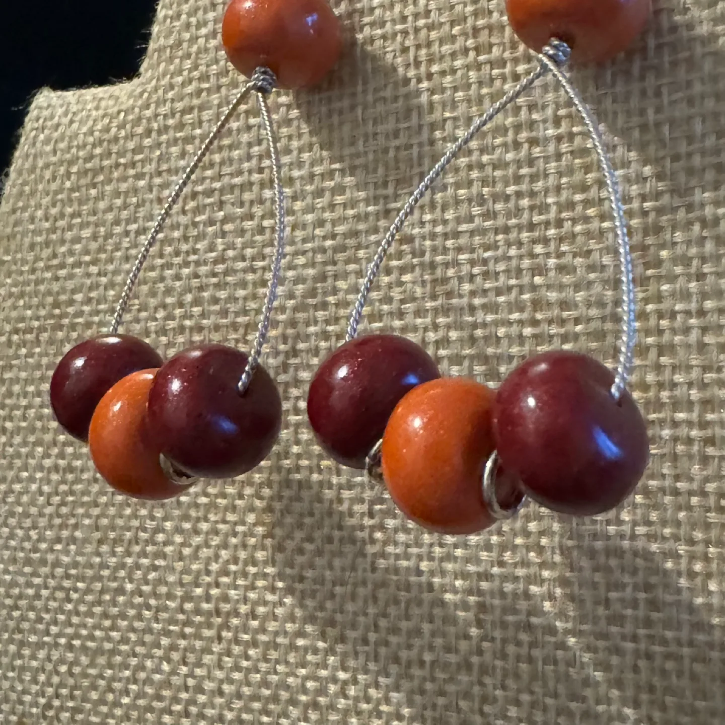 Handmade Orange Maroon Red Beaded Dangle Earrings image indicator(6)