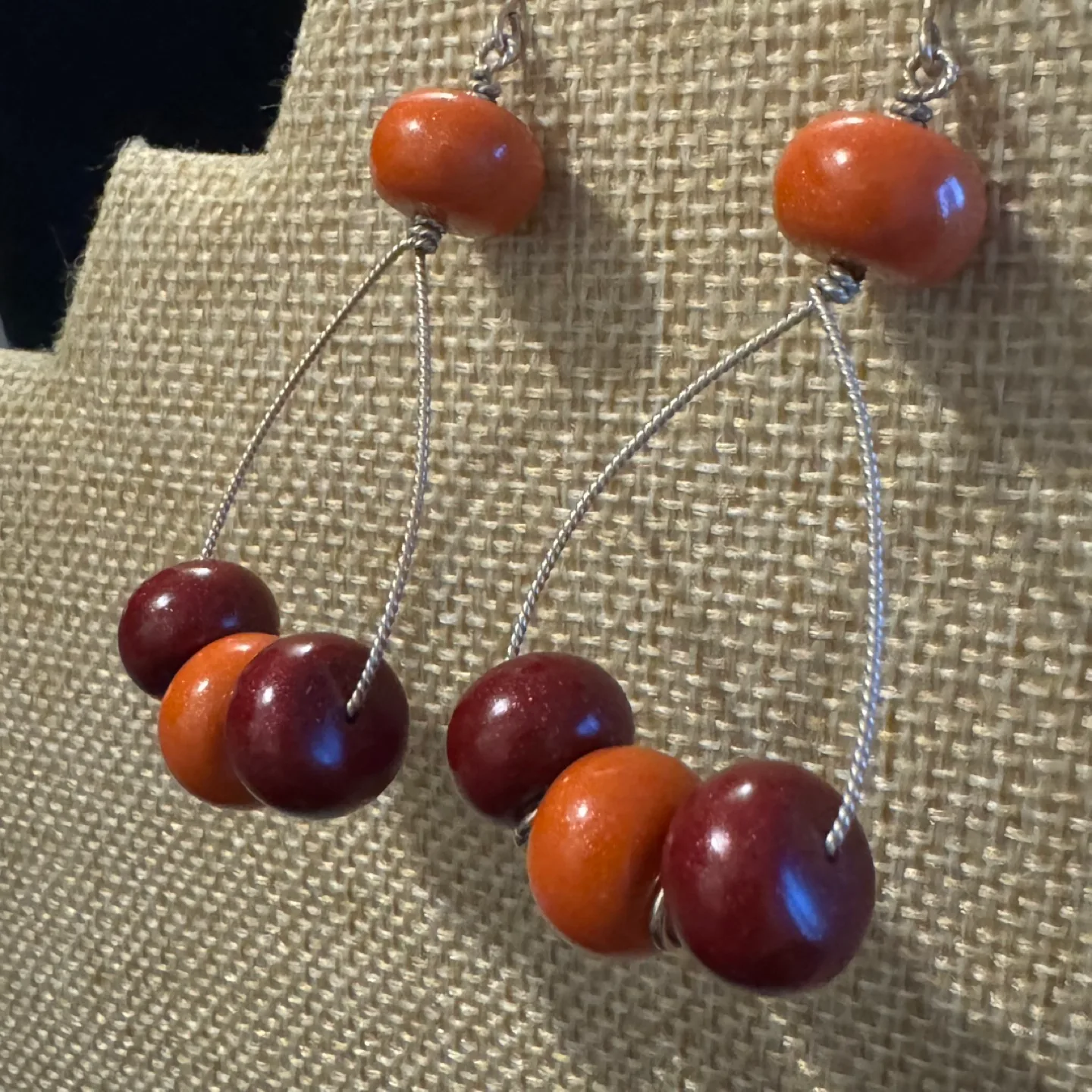 Handmade Orange Maroon Red Beaded Dangle Earrings image indicator(7)