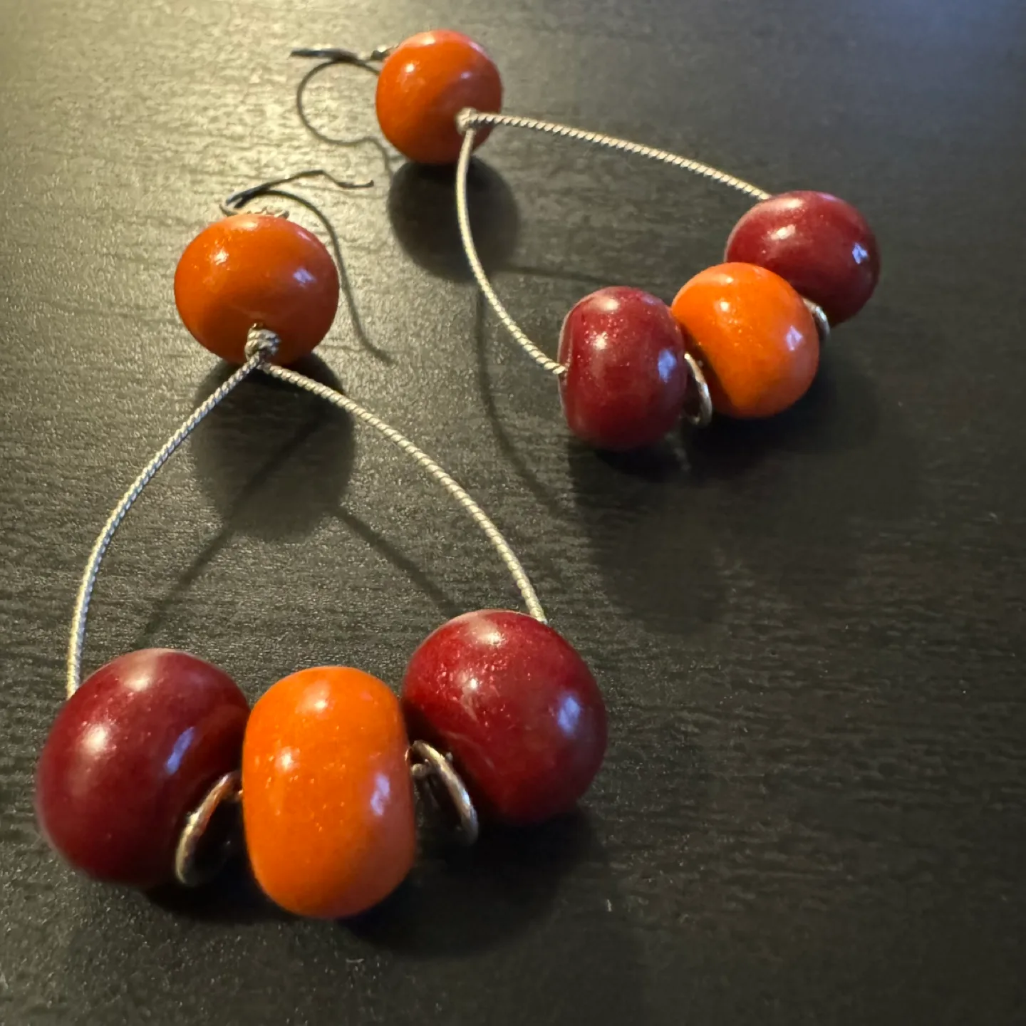 Handmade Orange Maroon Red Beaded Dangle Earrings image indicator(9)