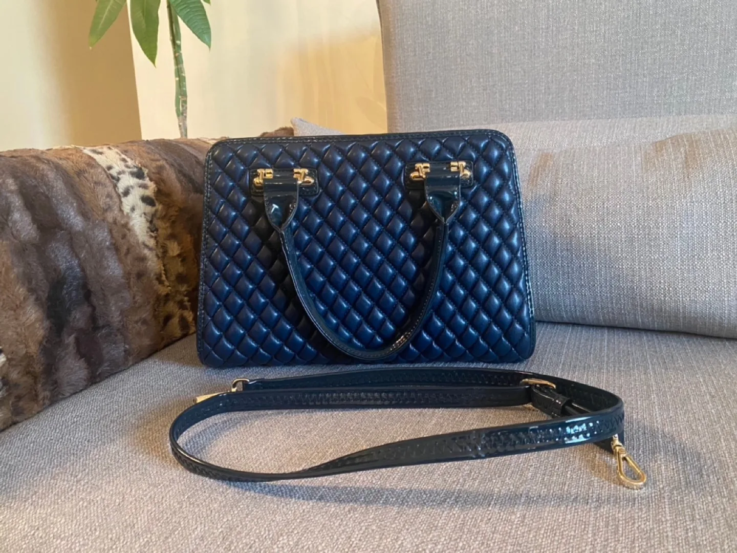 Dark Blue Quilted Handbag with Removable Strap image indicator(3)