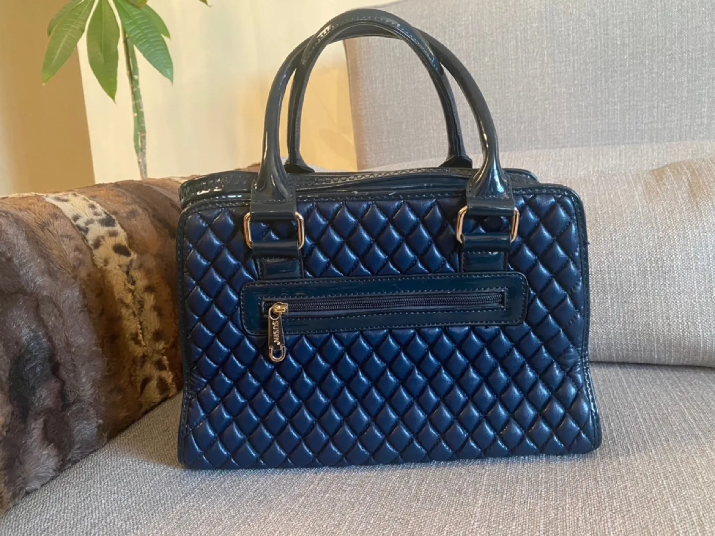 Dark Blue Quilted Handbag with Removable Strap image indicator(2)